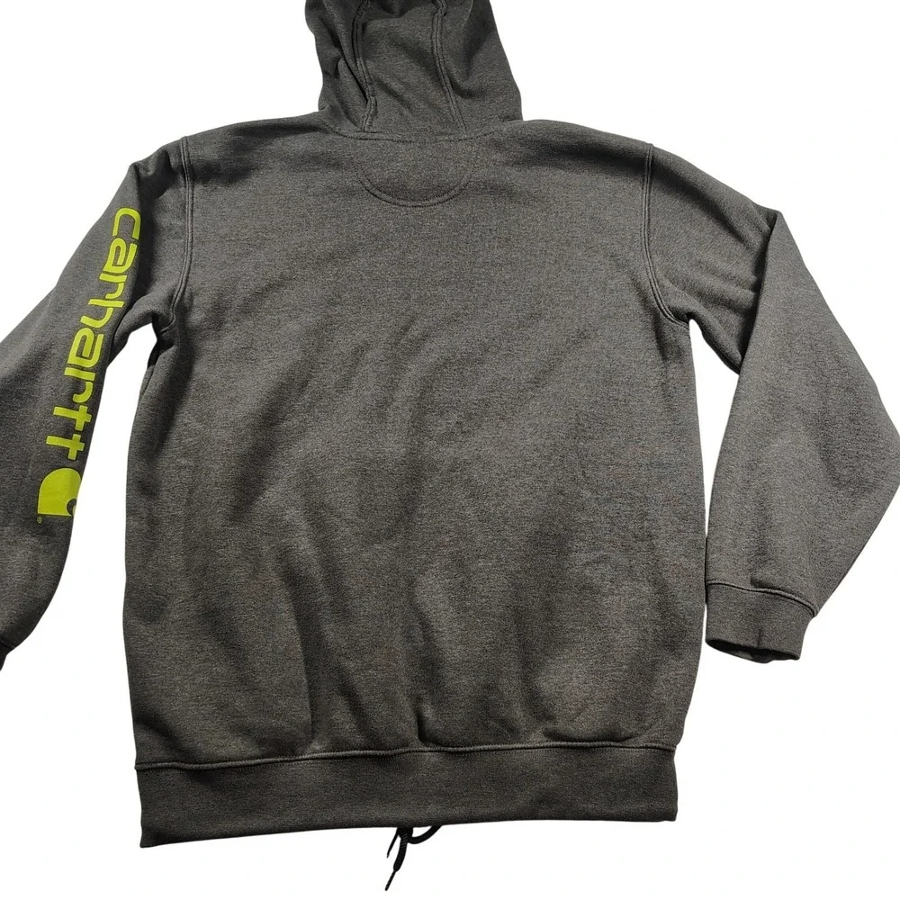 Carhartt Mens Loose Fit Hoodie Charcoal Gray Neon Yellow Sleeve Logo‎ Medium